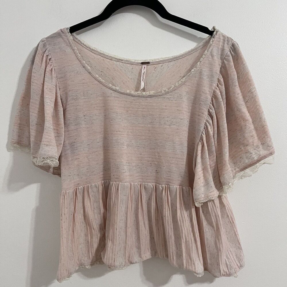 Free People Pastel Pink Babydoll Cropped Top Size XS Flutter Sleeve Striped
